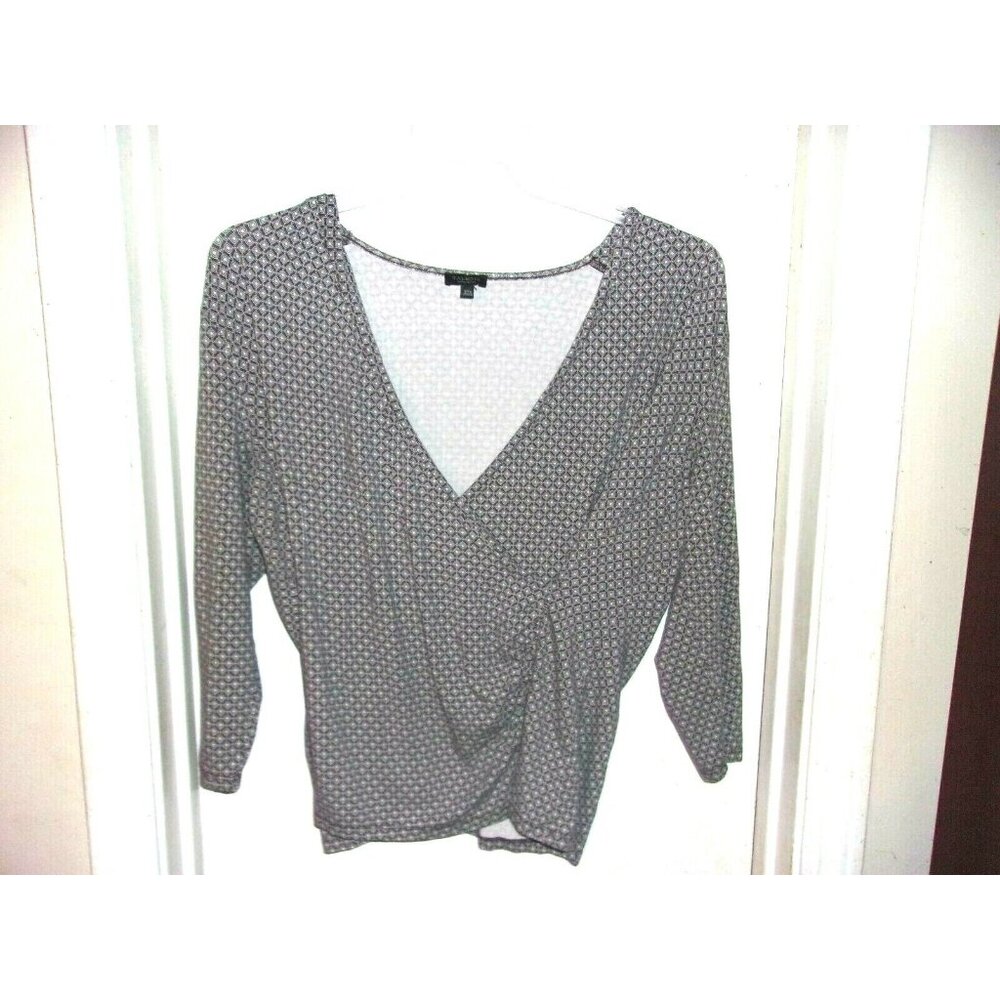 Talbots Brown White Geometric V-Neck Faux Wrap 3/4 Sleeve Top Woman Petite 2XP